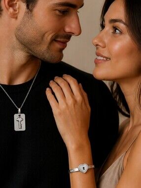 Silver Heart Lock Key Couple Jewelry Set Bracelet Necklace Romantic Love Gift